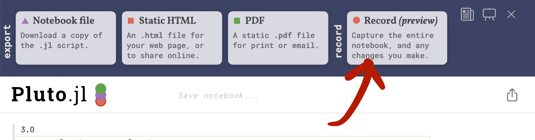 Screenshot of the export options